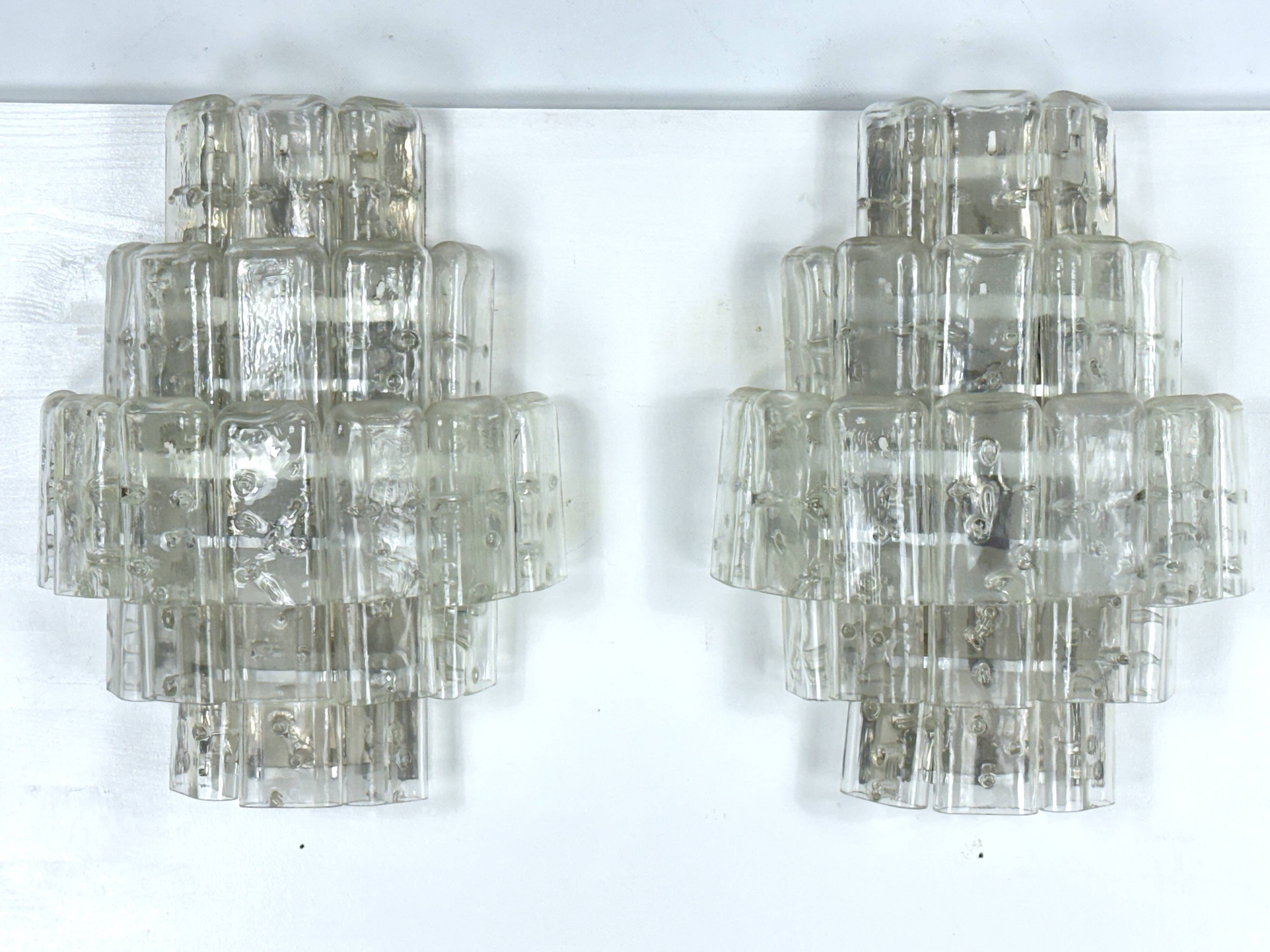 Pair of XL clear murano glass elements wall lamps produced in Italy during the 70s. Attributable to
