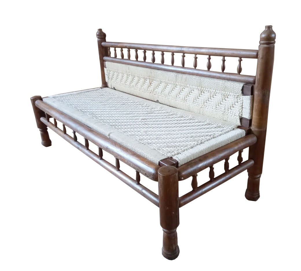 Natural burmese teak sofa and braided cotton seat & backsplash