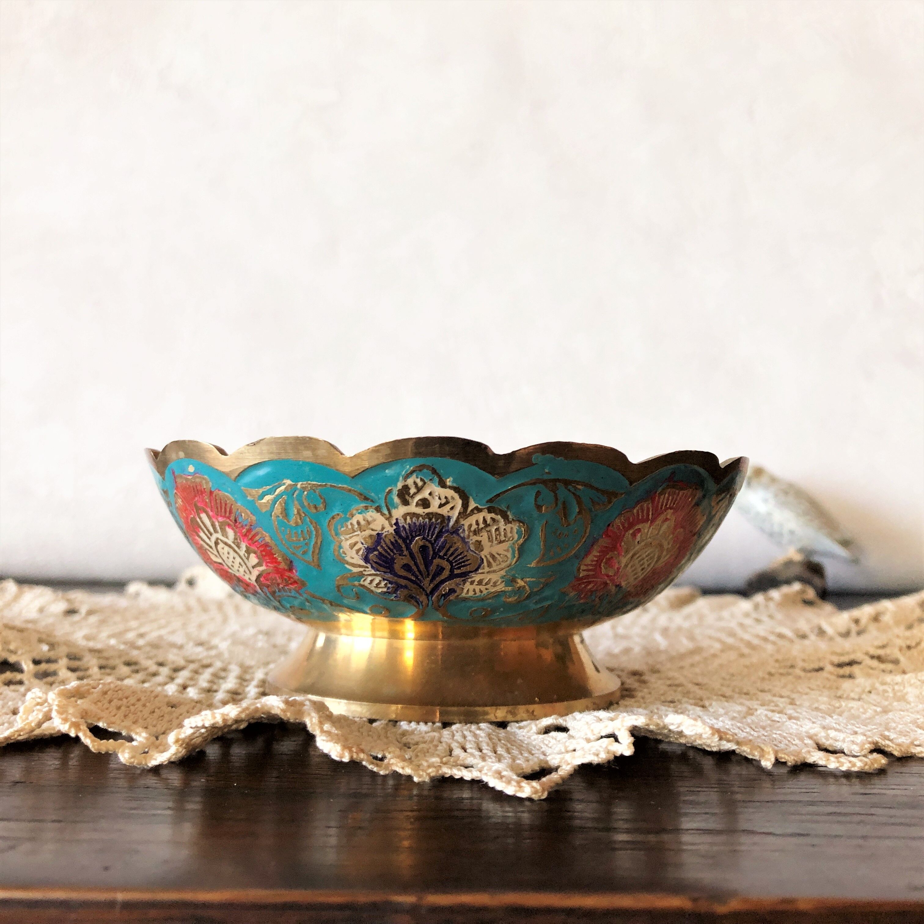 Small empty cup-pocket golden brass chiseled and painted oriental style