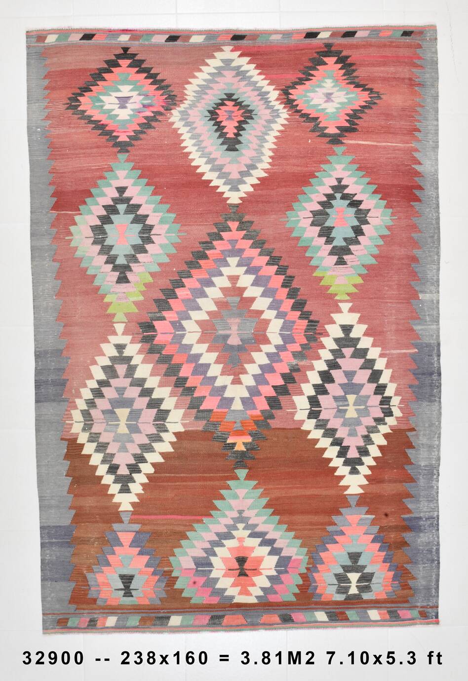 Tapis Kilim géométrique rouge et rose fait main 5x8, 160x238 cm