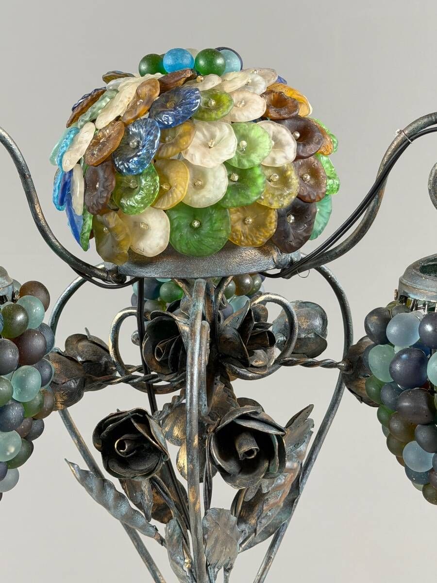 Set of three lamps in bronze and polychrome Murano glass, 20th century