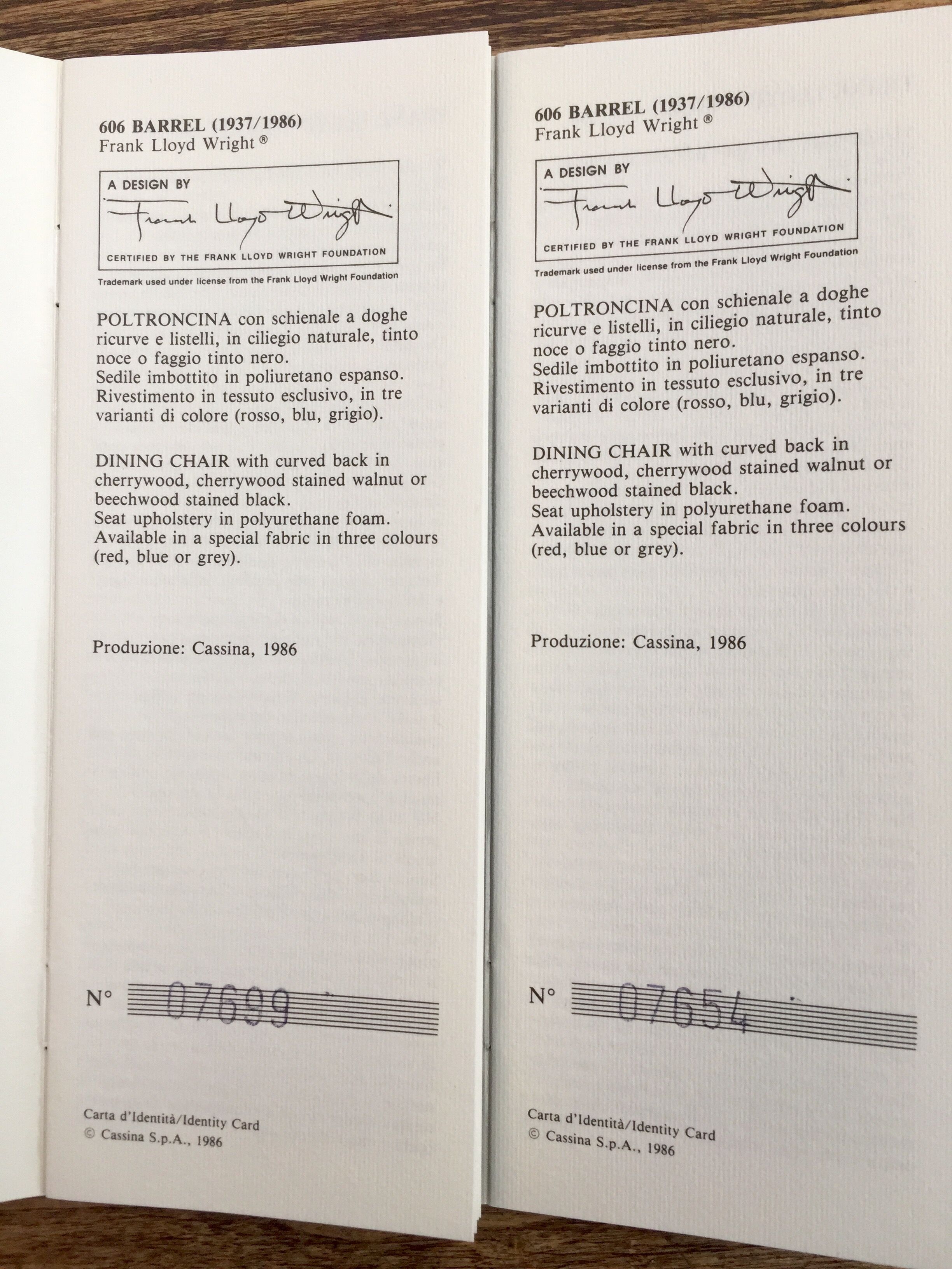 Pair of chairs 606 Barrel of Frank Lloyd Wright, edited by Cassina