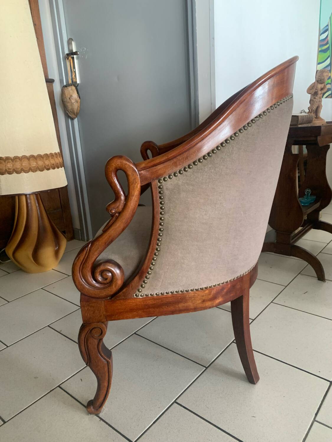 Antique armchair, Restoration style, swan neck