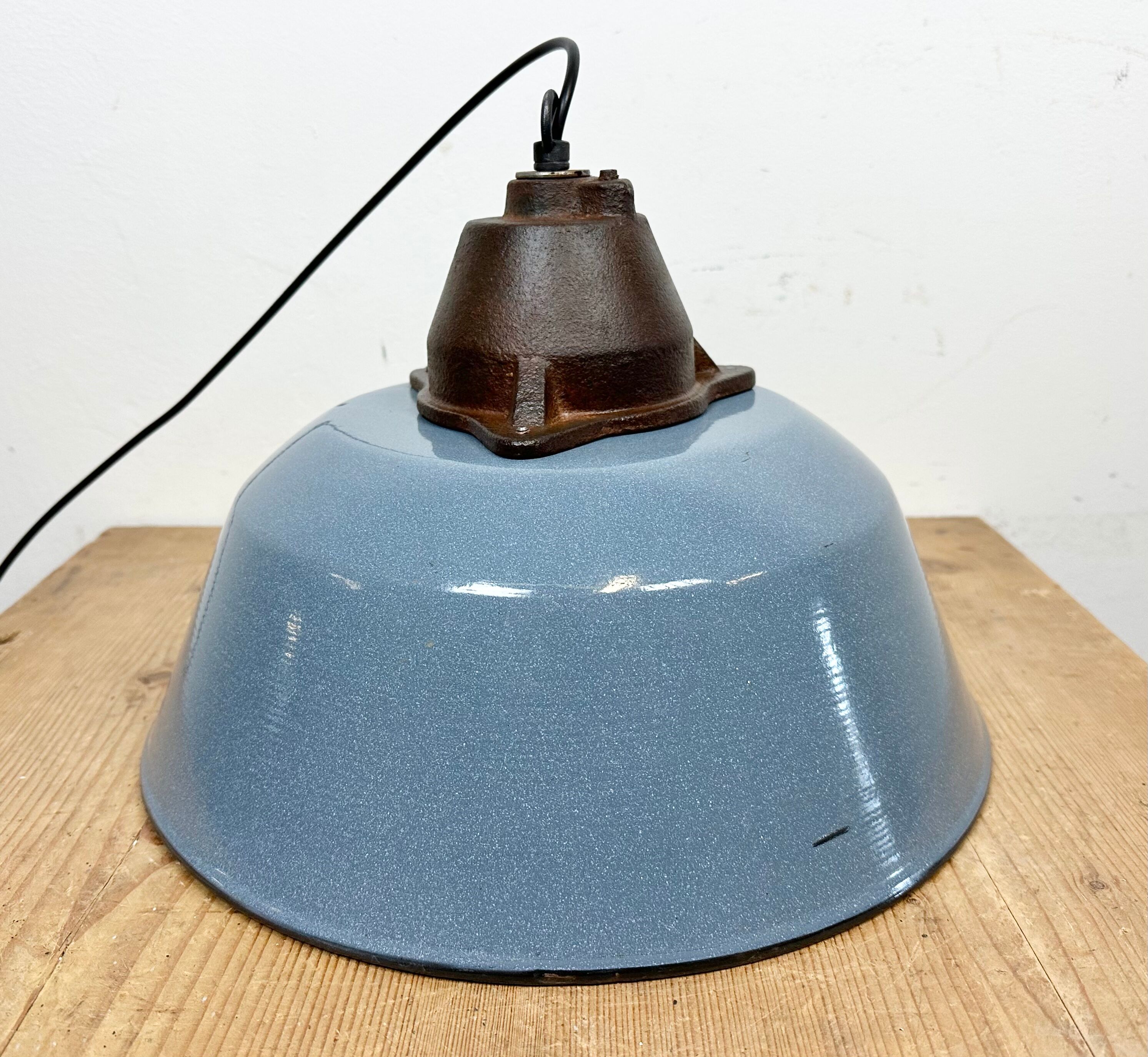 Industrial Grey Enamel and Cast Iron Pendant Light with Glass Cover, 1960s