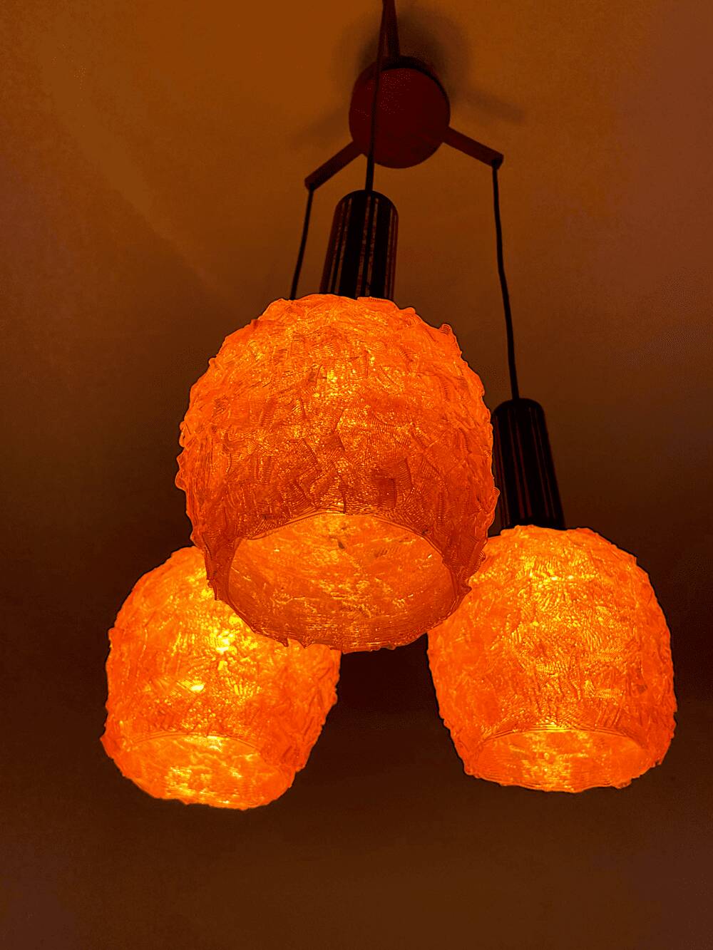 Space Age orange lucite spaghetti 3-light chandelier