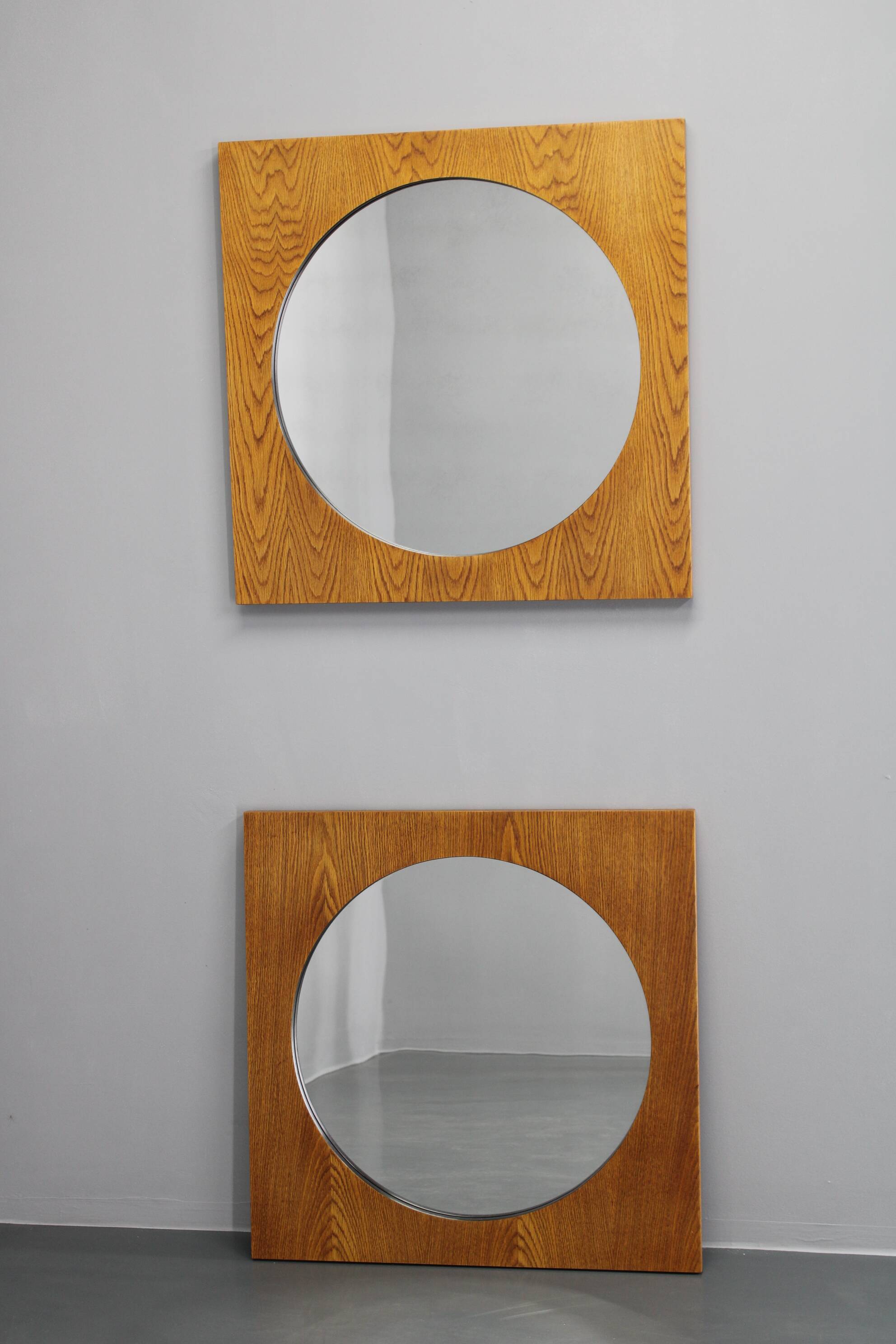 1970s Pair of Oak Large Square Mirrors, Czechoslovakia