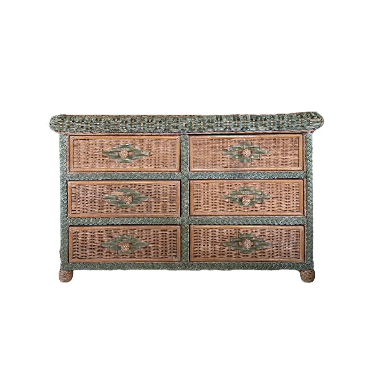 rattan chest of drawers with green details