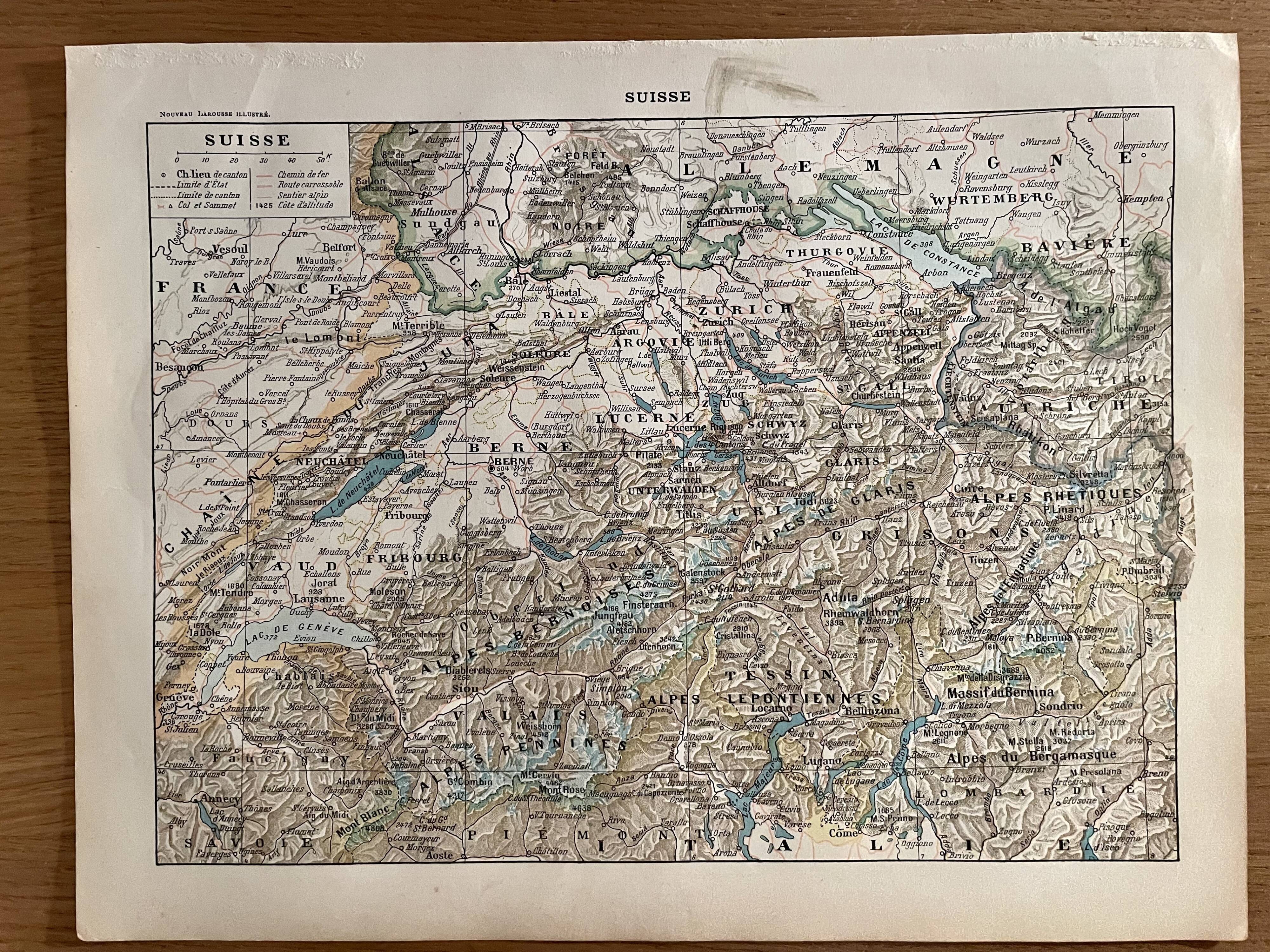 Lithograph engraving on Switzerland from 1897
