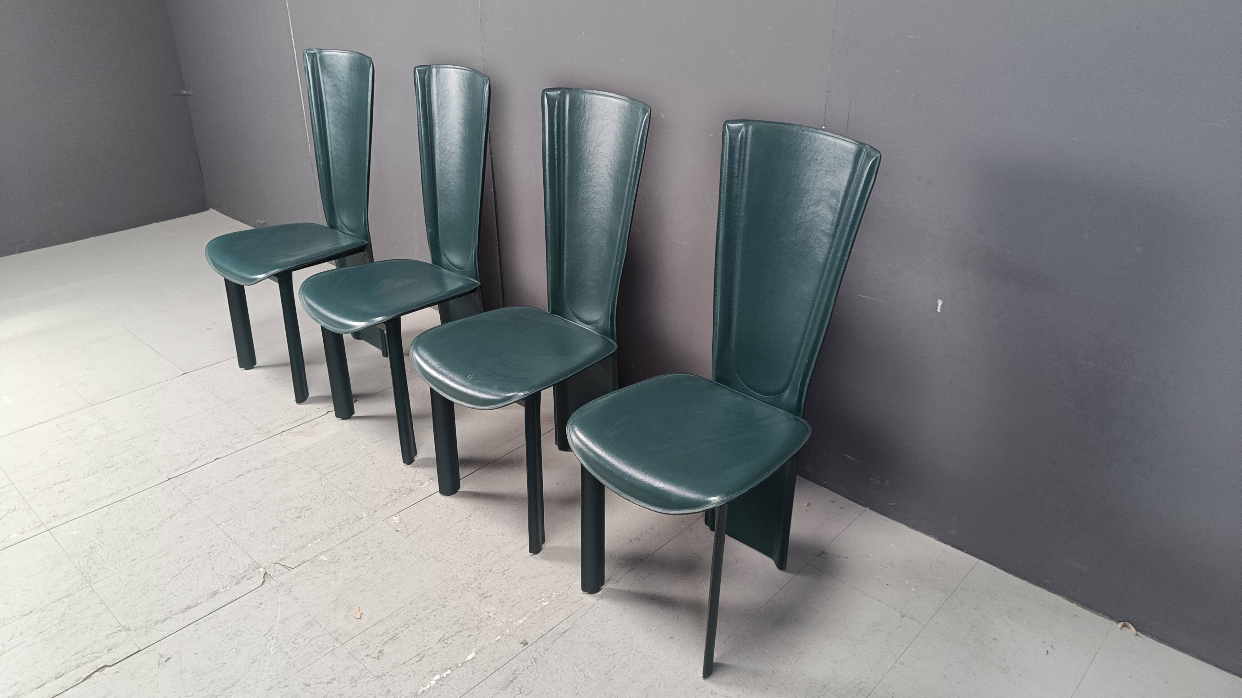 Vintage green leather dining chairs, 1980s - set of 4