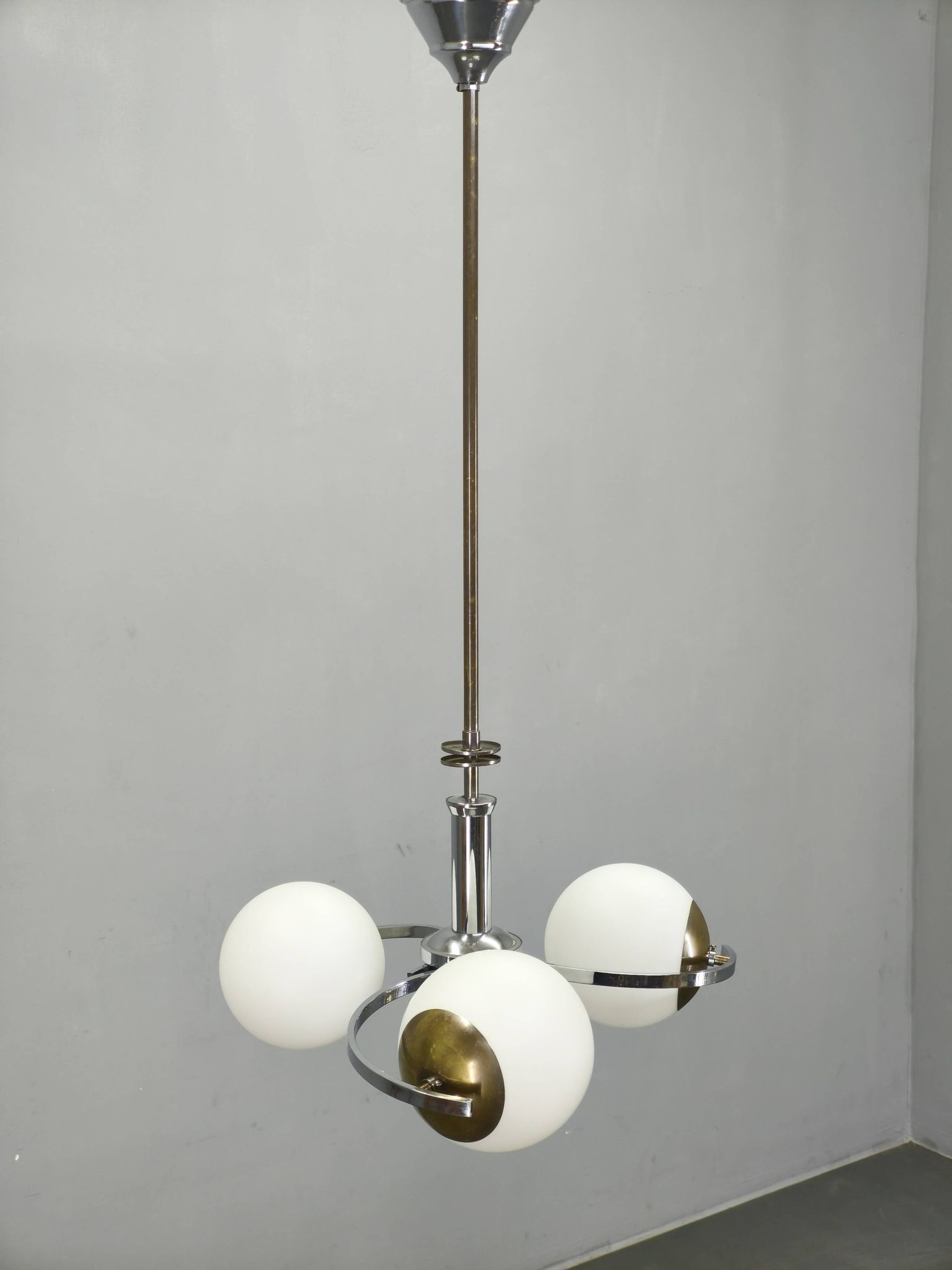 Czech Art Deco Chrome and Opaline Glass Chandelier, 1930s