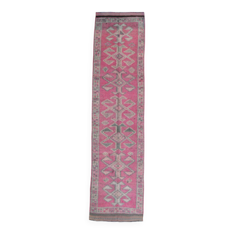 Pink Green Modern Oushak Runner Rug, 89x354Cm