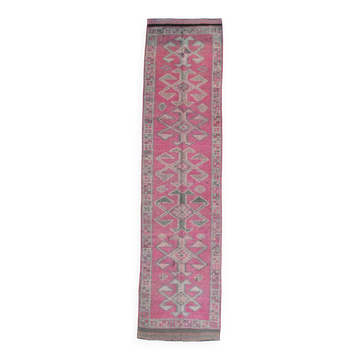 Pink Green Modern Oushak Runner Rug, 89x354Cm