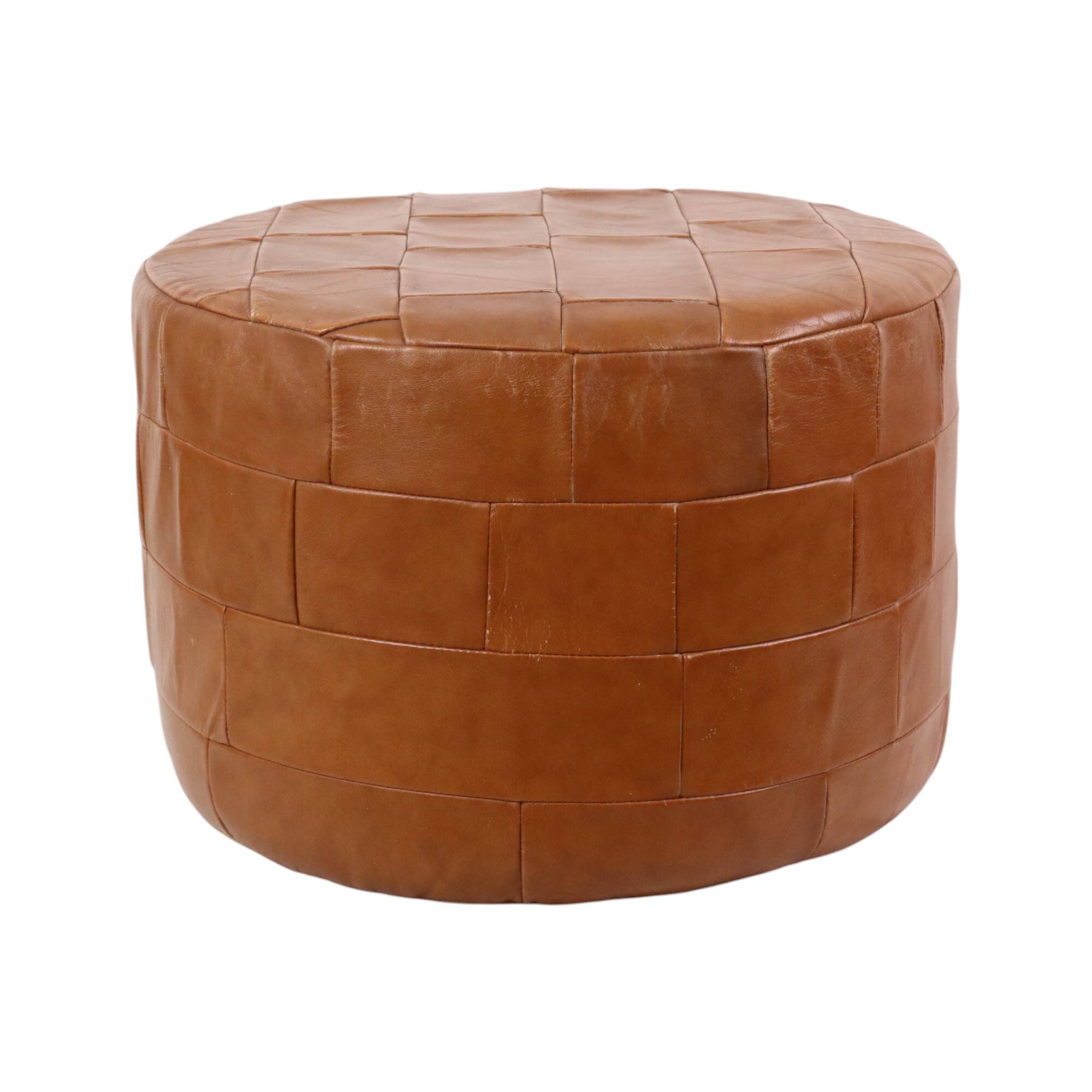 Vintage Round Brown Pouf Patchwork Patches Faux Leather 45cm