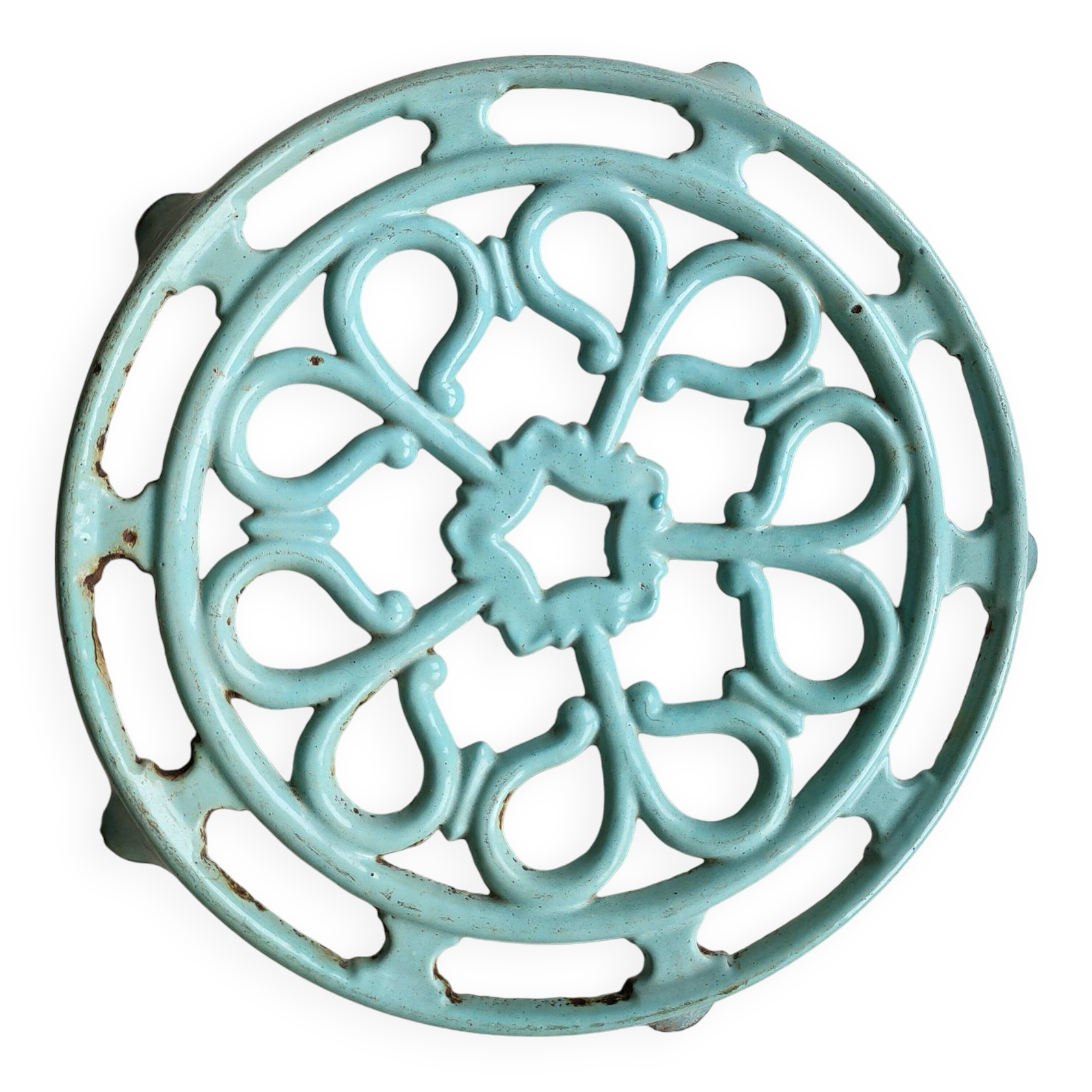 Water green enamelled trivet.