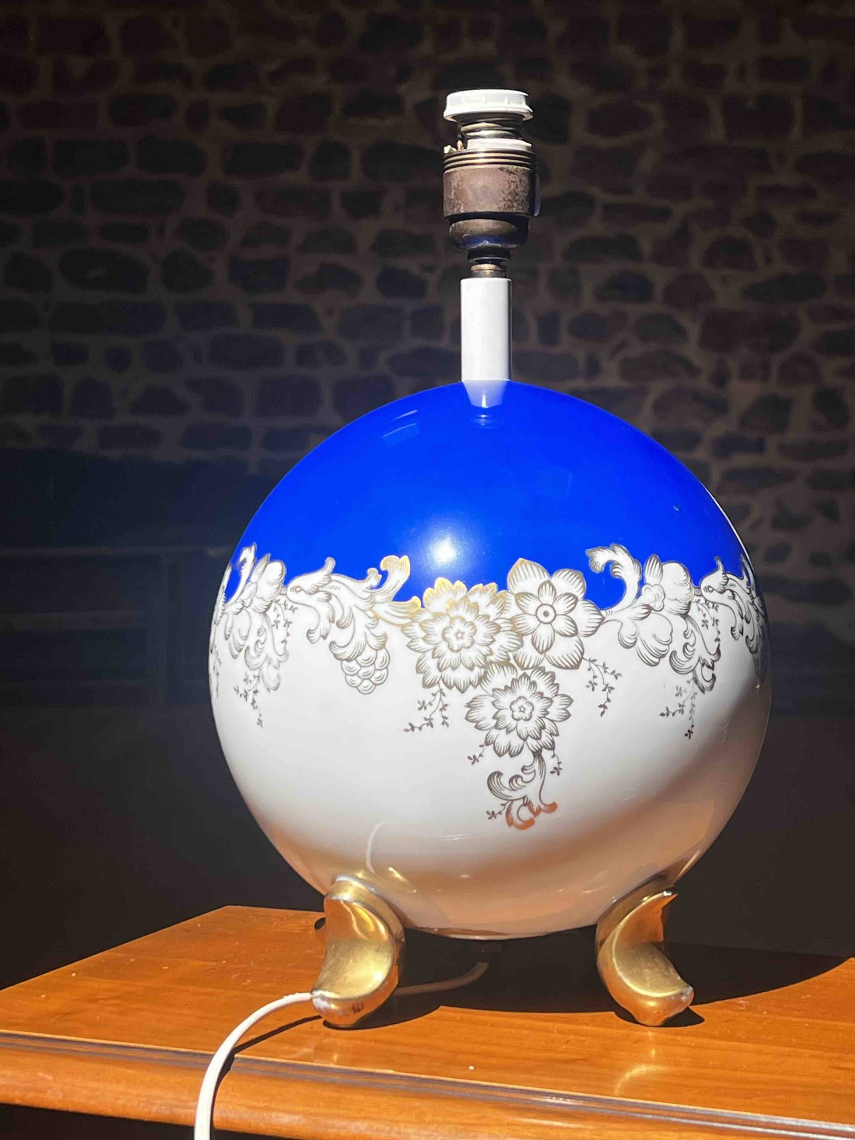 lamp base ball in porcelain Rosenthal Selb, cobalt and gilding 1950s