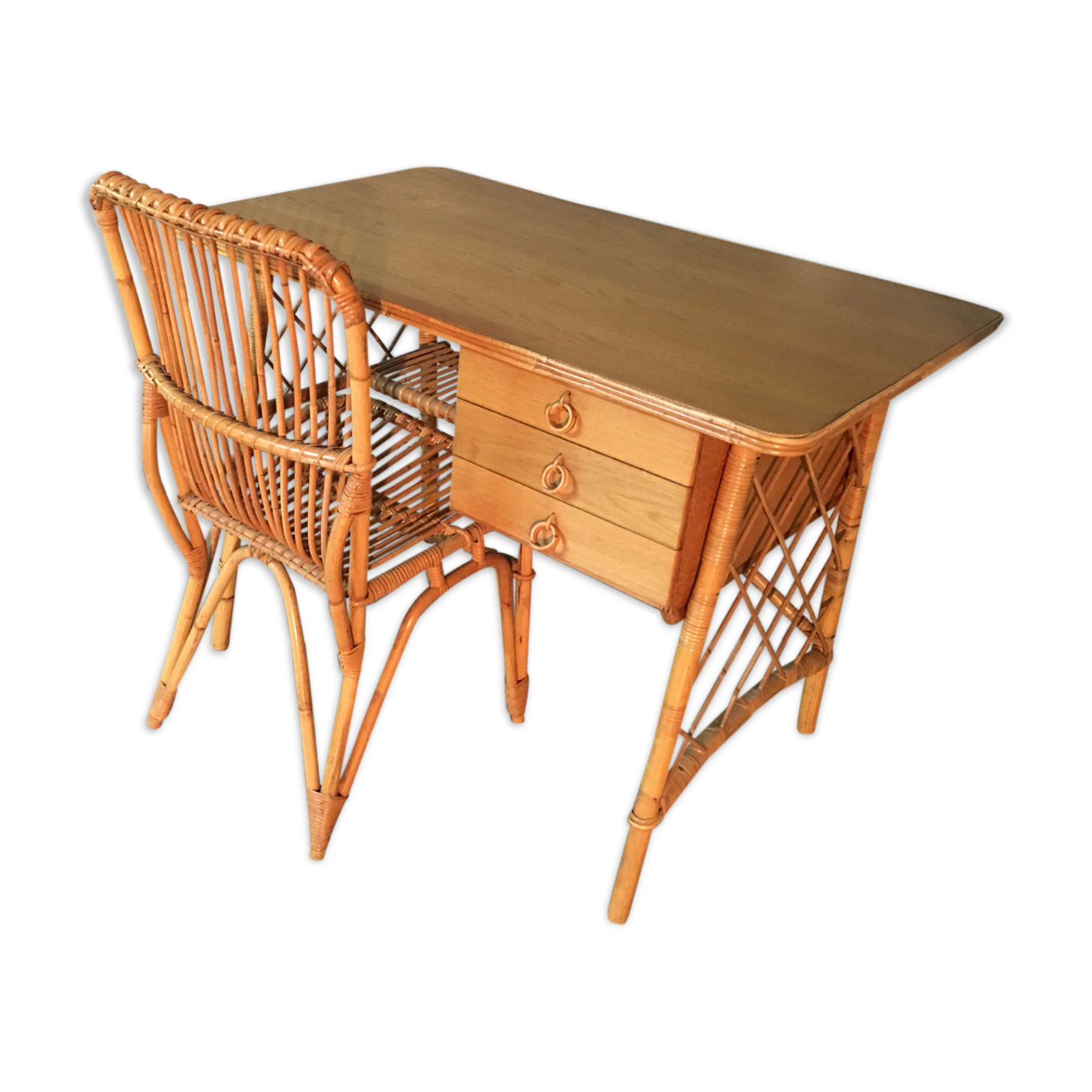 Louis Sognot rattan desk and his chair