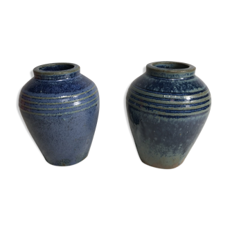 Lot de 2 anciens vases en céramique bleu années 70