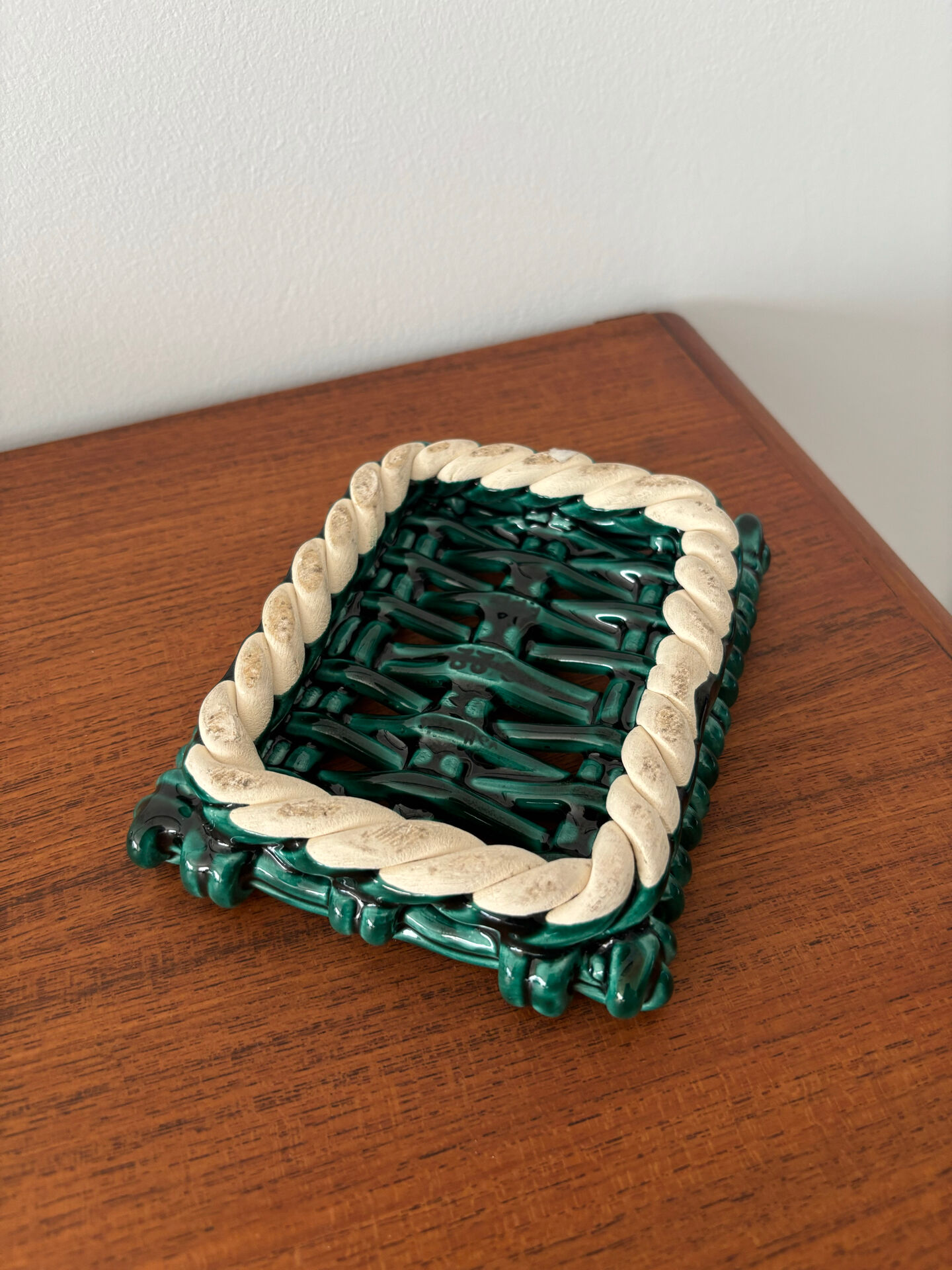 Vintage woven green ceramic trivet from the 70s, handmade.