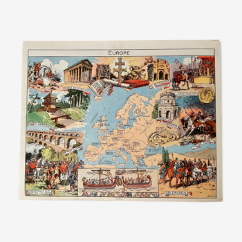 Affiche ancienne carte illustrée de l'europe de 1948 - jp pinchon