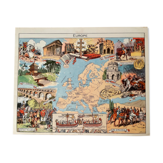 Affiche ancienne carte illustrée de l'europe de 1948 - jp pinchon