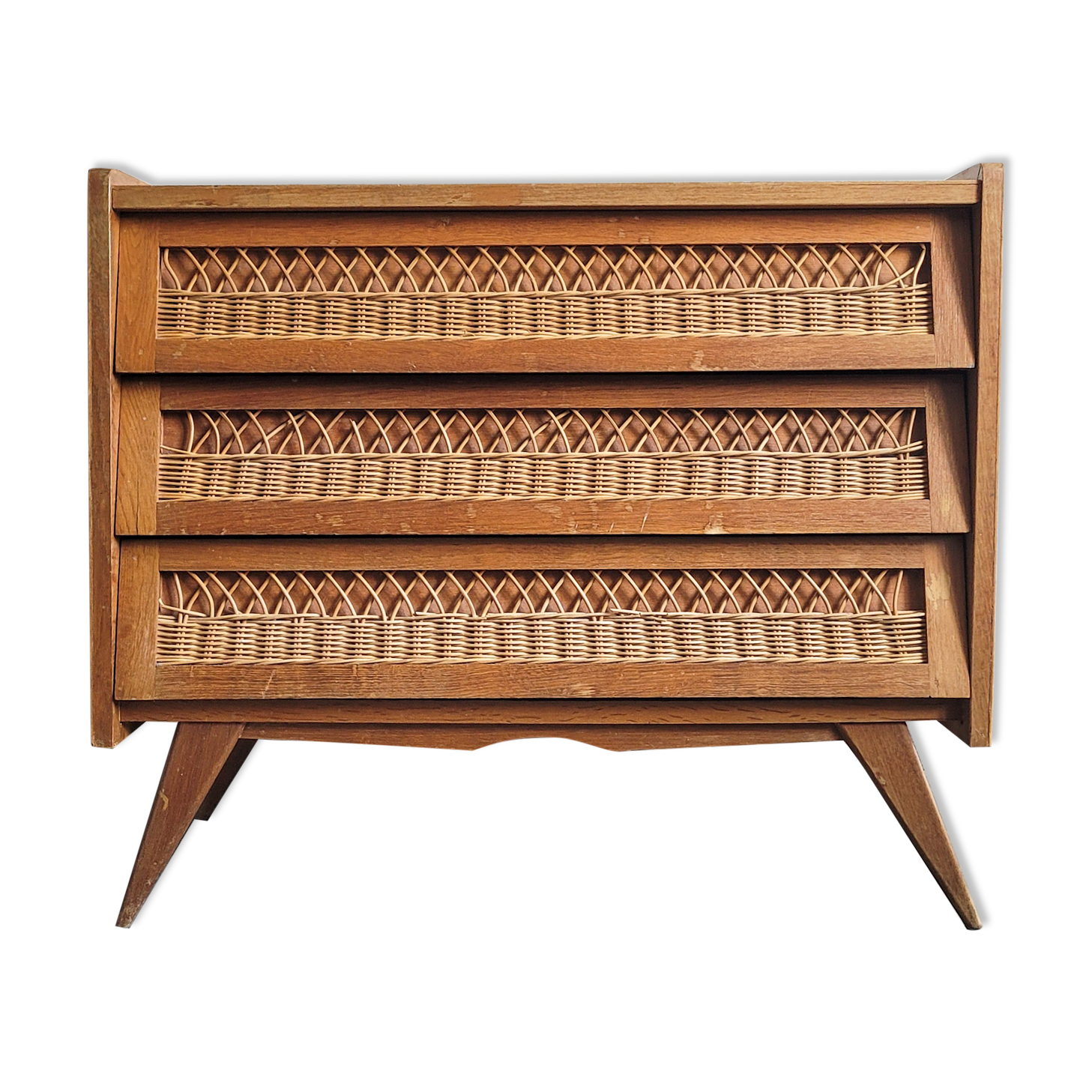Wooden chest of drawers and vintage rattan