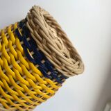 Scoubidou and wicker bottle with yellow and blue handle 70s