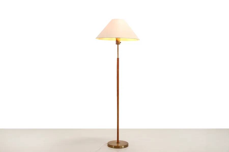Paavo Tynell style floor lamp in brass and leather with linen shade