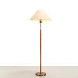 Paavo Tynell style floor lamp in brass and leather with linen shade