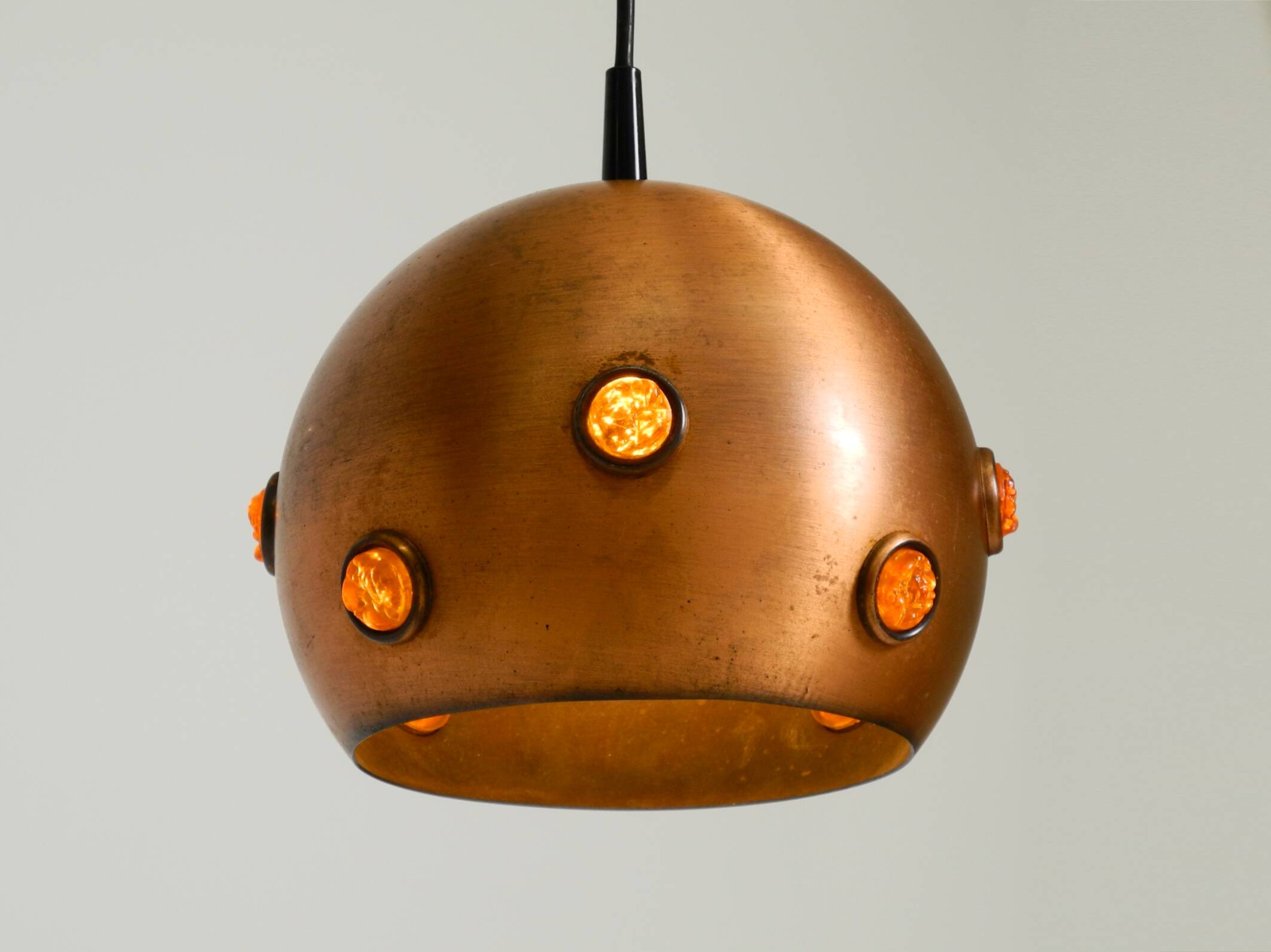 Original 1960s solid copper pendant lamp with orange synthetic glass stones