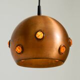 Original 1960s solid copper pendant lamp with orange synthetic glass stones