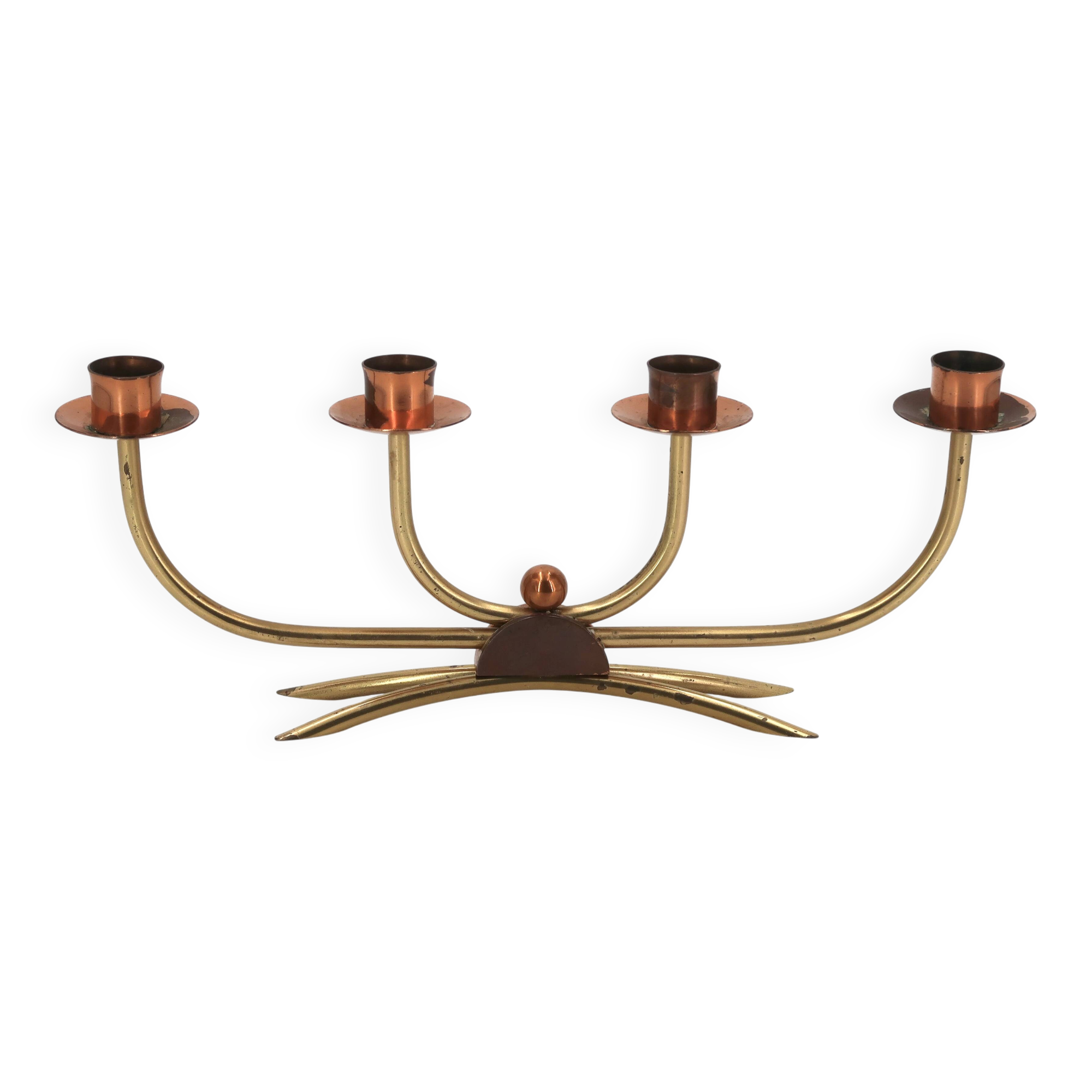 Scandinavian four-branch candlestick in copper and brass, 1950s