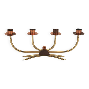Scandinavian four-branch candlestick in copper and brass, 1950s