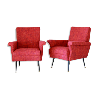 1950s vintage red armchairs, set of two
