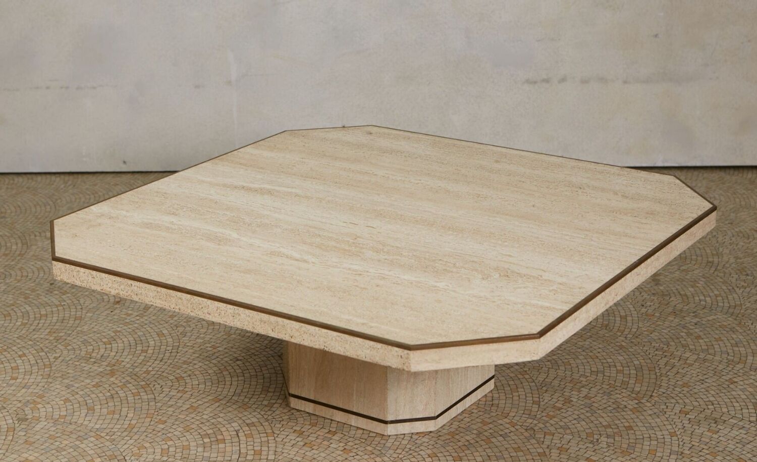 Travertine and brass coffee table