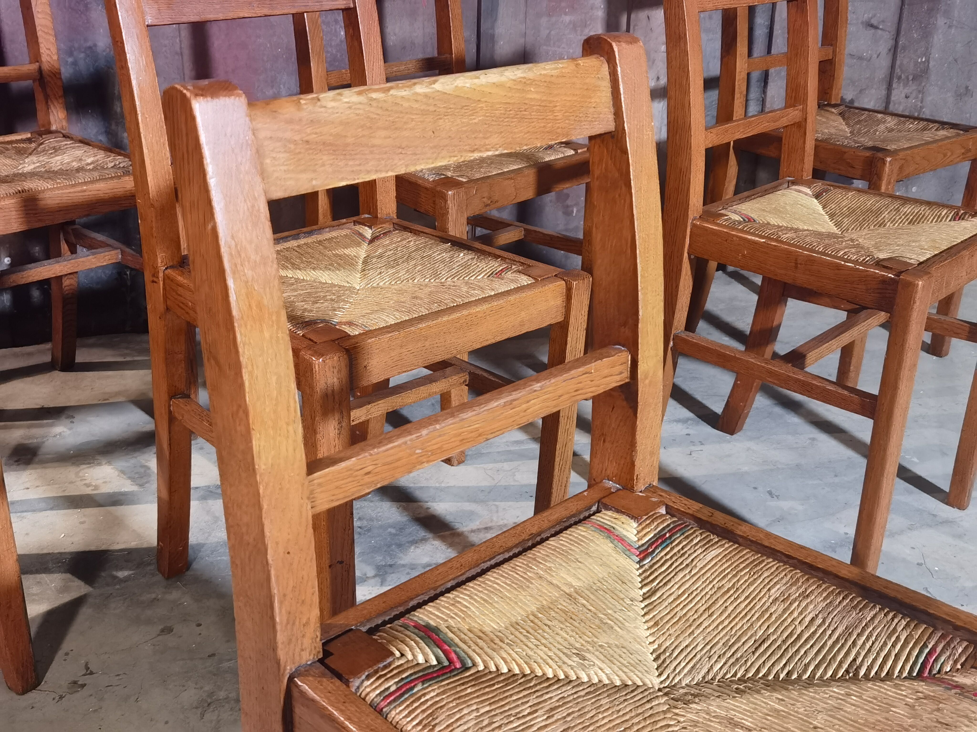 Lot de 8 chaises Reconstruction 1950 Chêne et paille