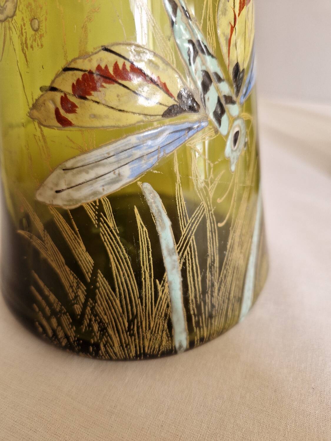 Pair of Enameled Glass Vases with Dragonflies. Unsigned Legras