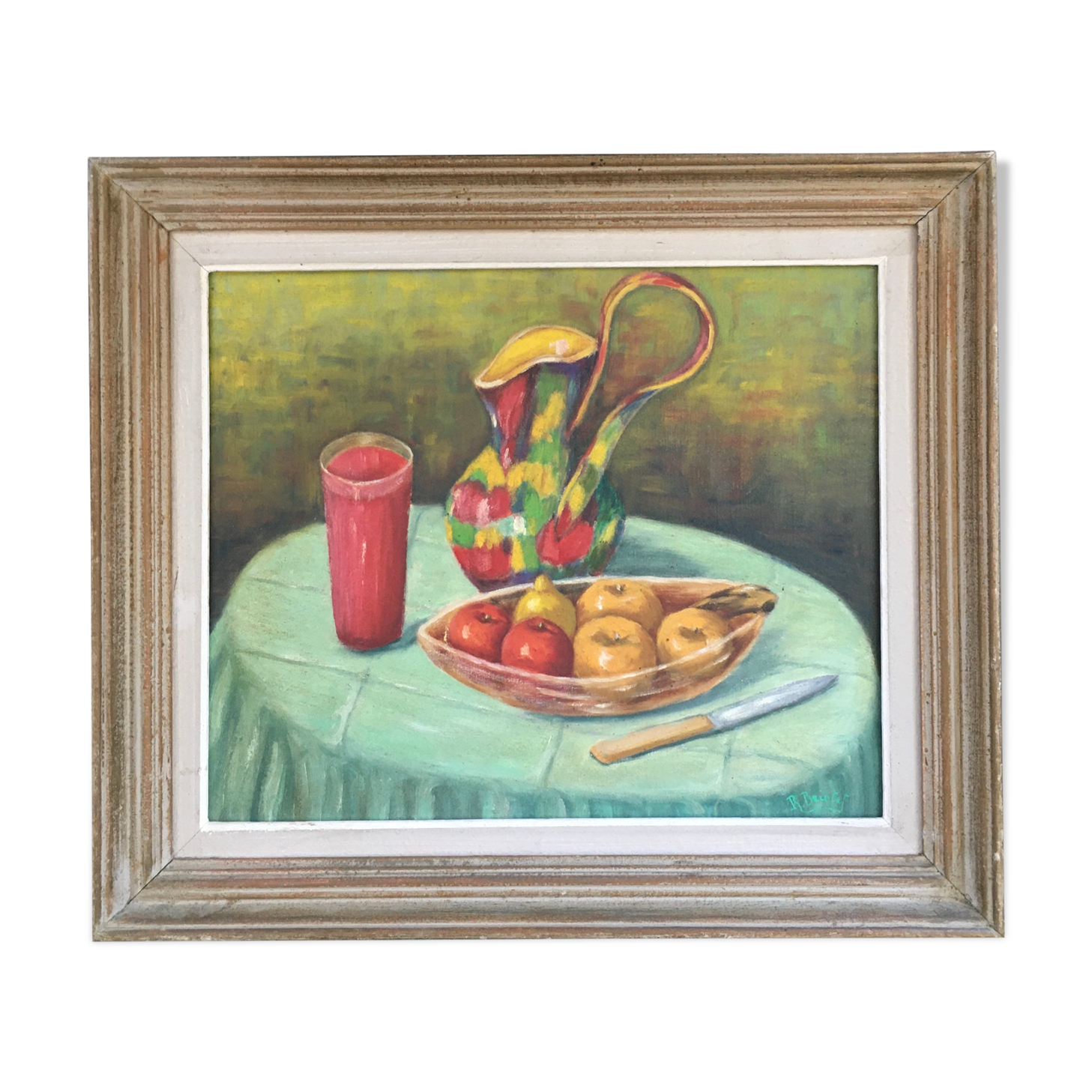 Still life painting with a pitcher and fruit