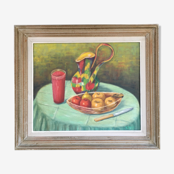 Tableau nature morte pichet et fruits