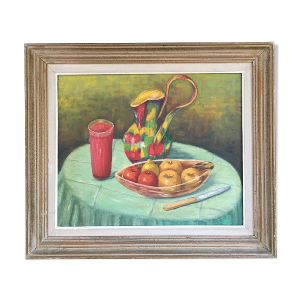 Tableau nature morte pichet et fruits