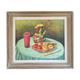 Still life painting with a pitcher and fruit