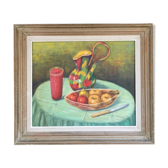 Tableau nature morte pichet et fruits