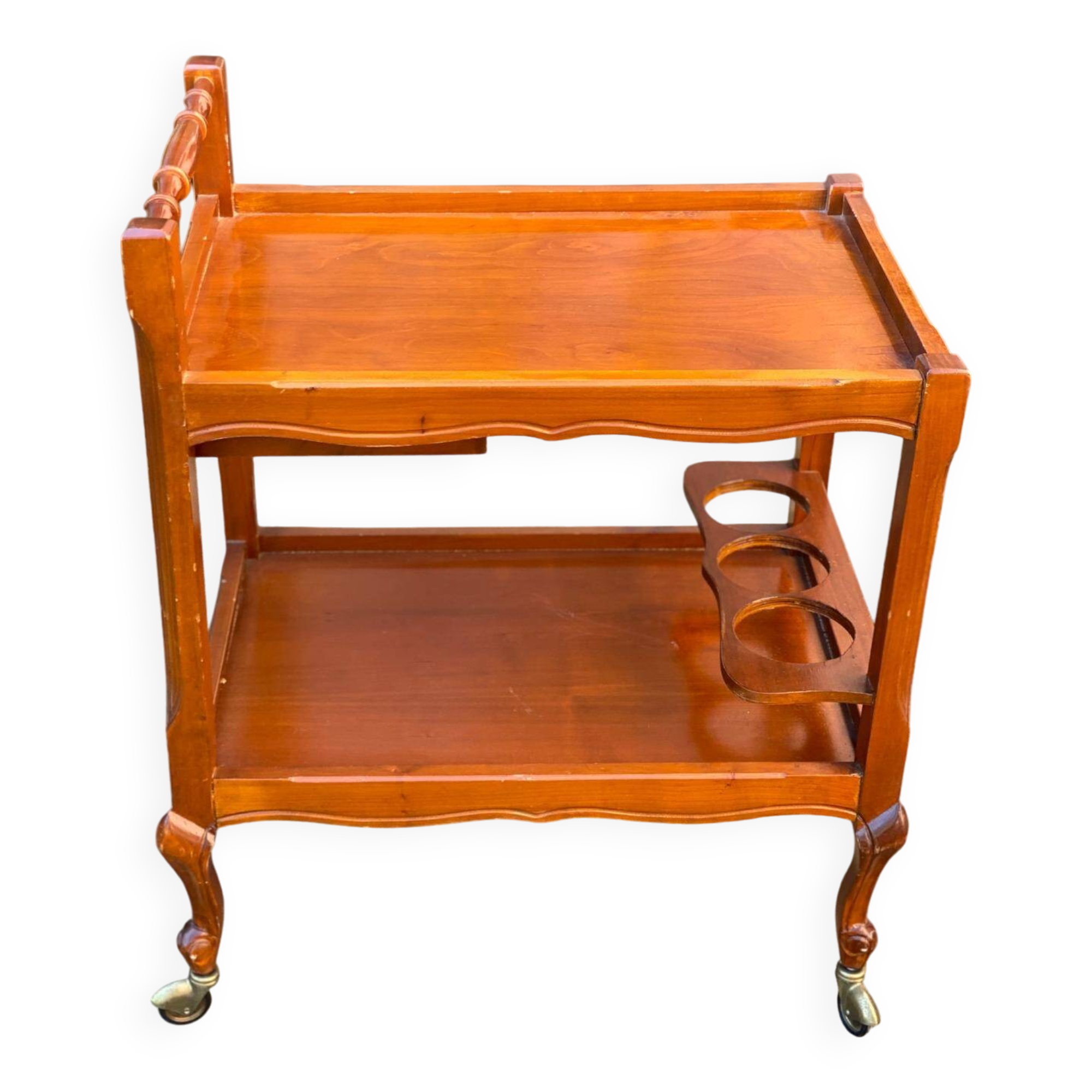 Louis XV solid wood serving trolley with bottle rack and drawer
