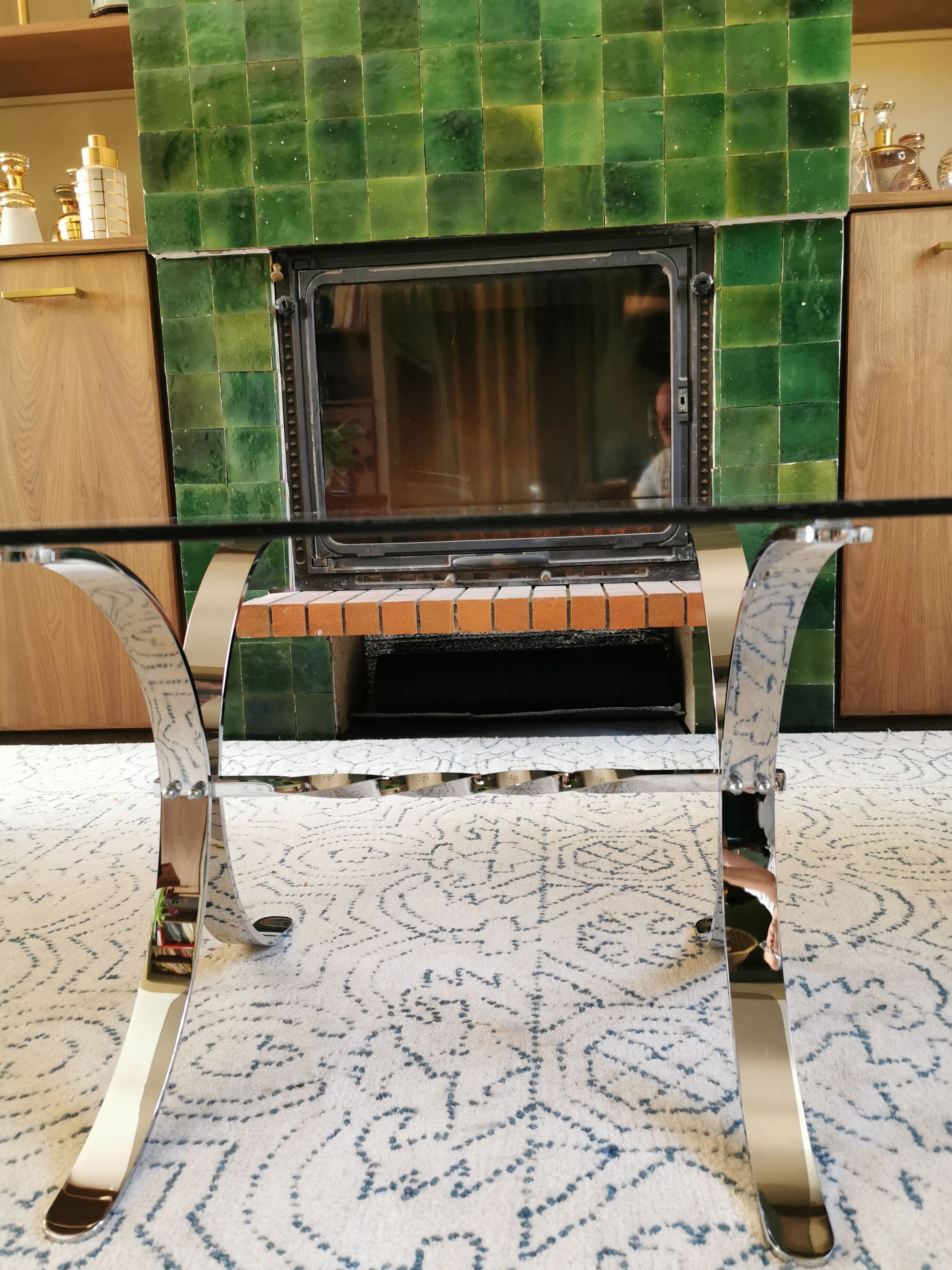 Vintage coffee table 70s in chrome metal and tinted glass