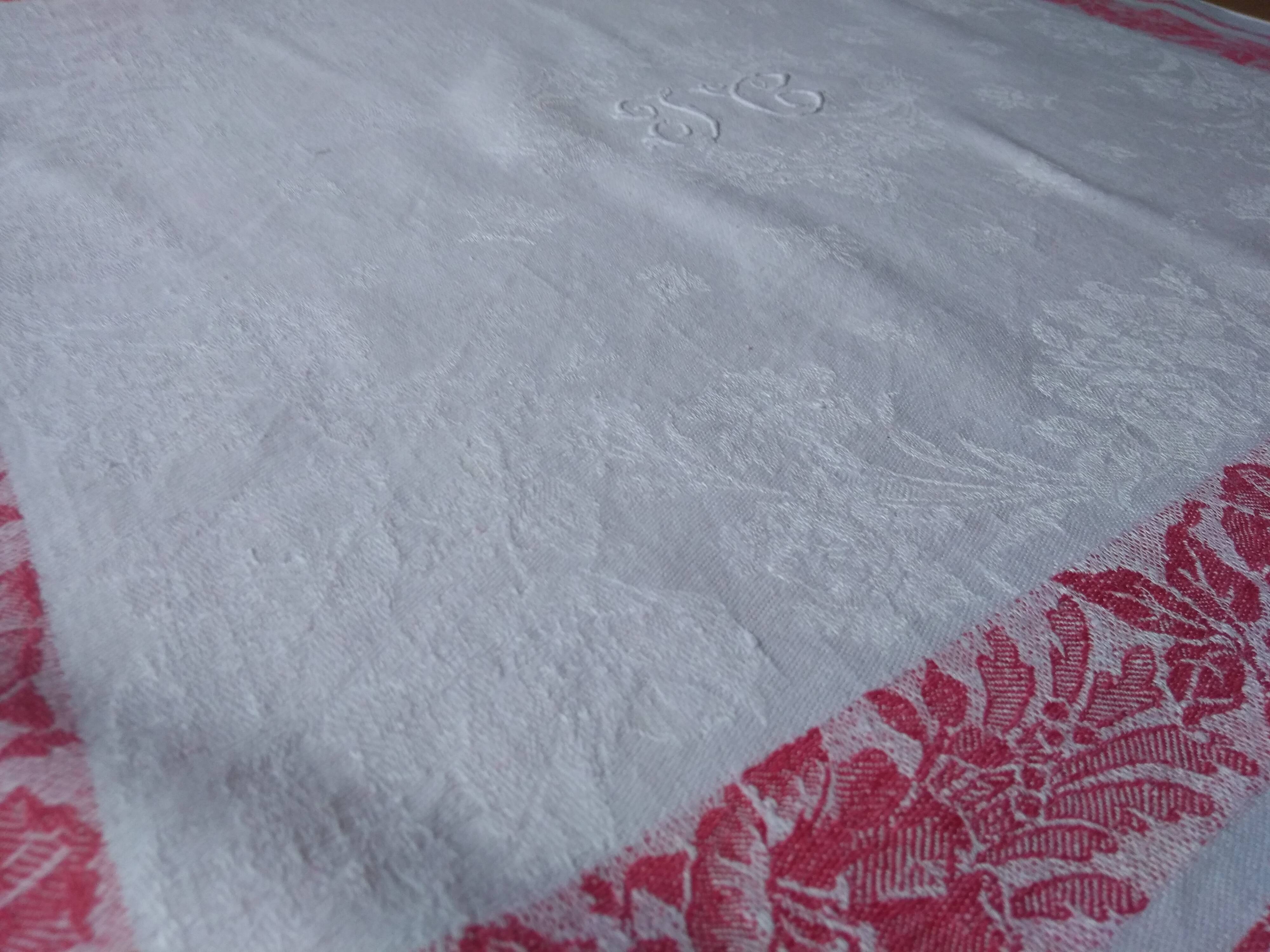 12 Ancient towel embroidered monogrammed JC floral red litter Napoleon III