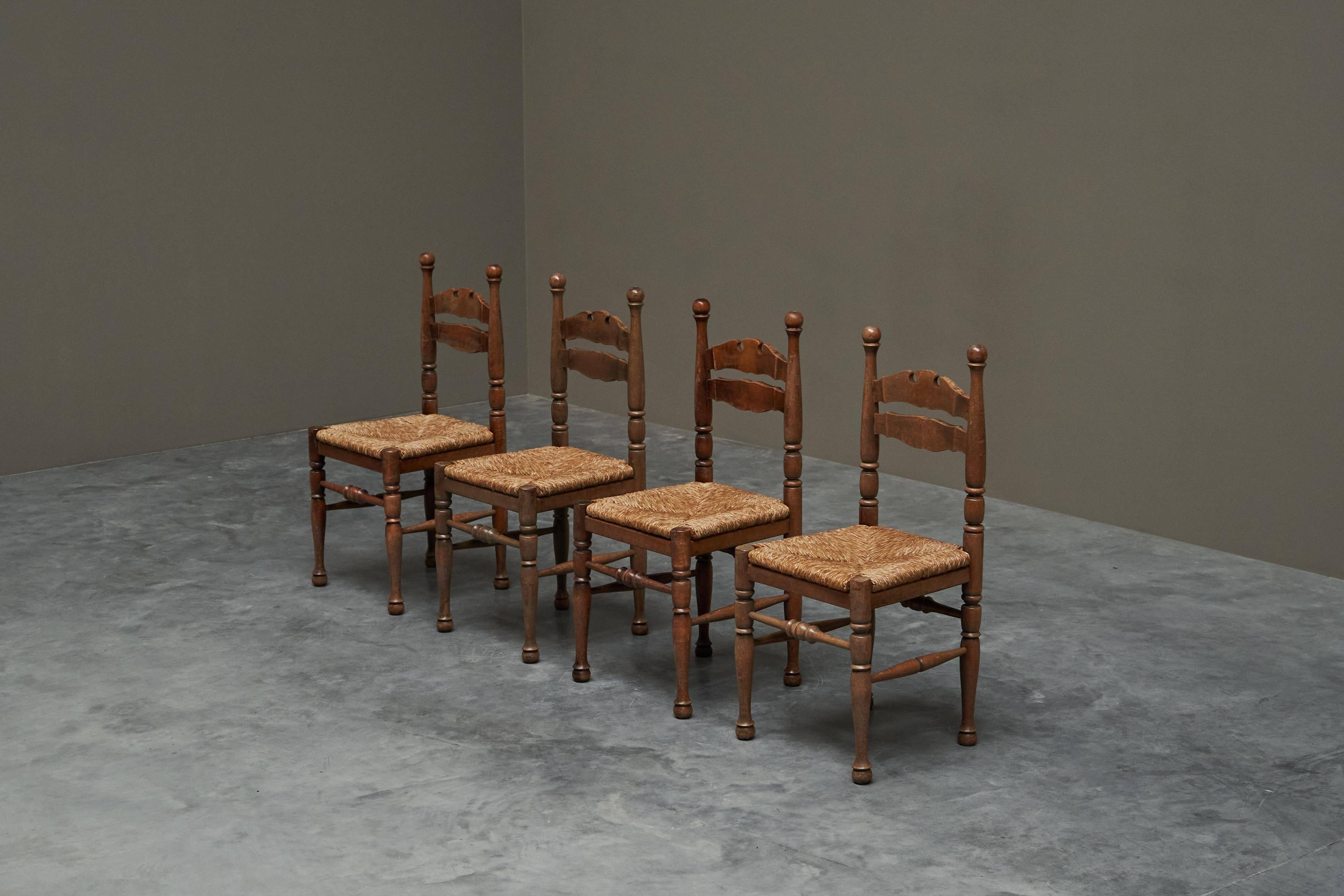 Set of 4 oak and bamboo chairs, 1950s.
