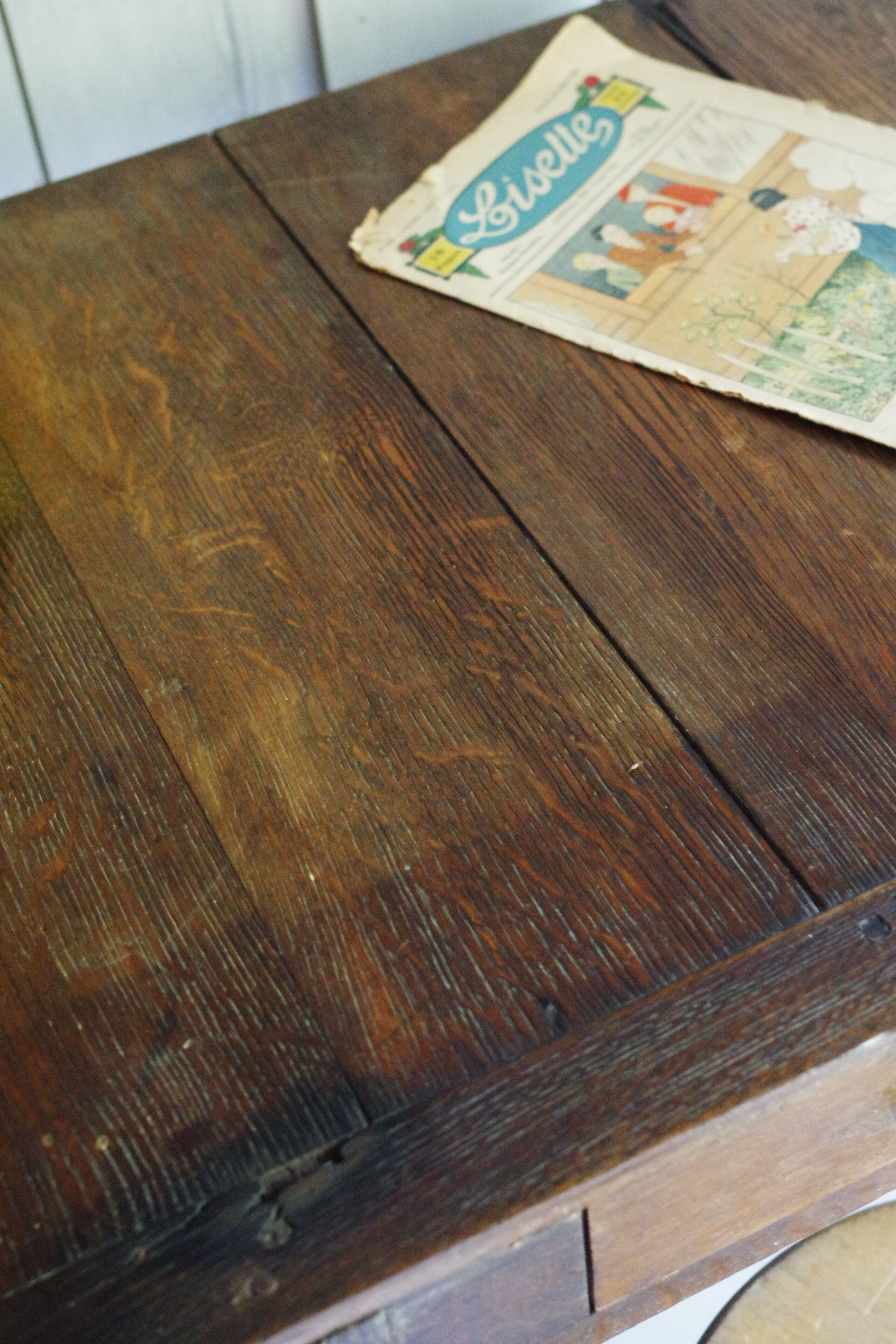 Old rustic wooden farmhouse table in 50s