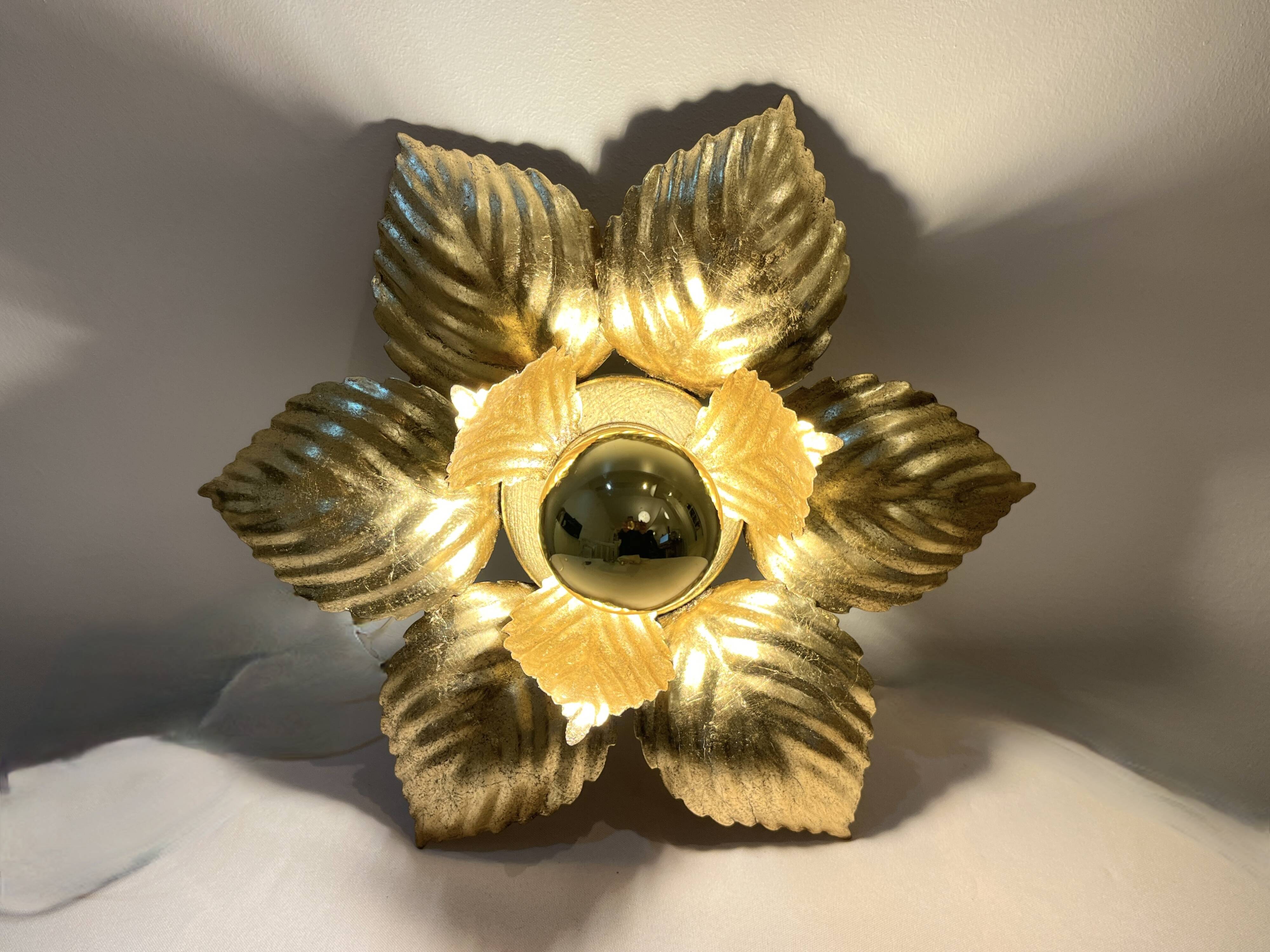 Masca 1970s 1980s Hollywood Regency Gold Leaf Metal Flower Wall Sconce
