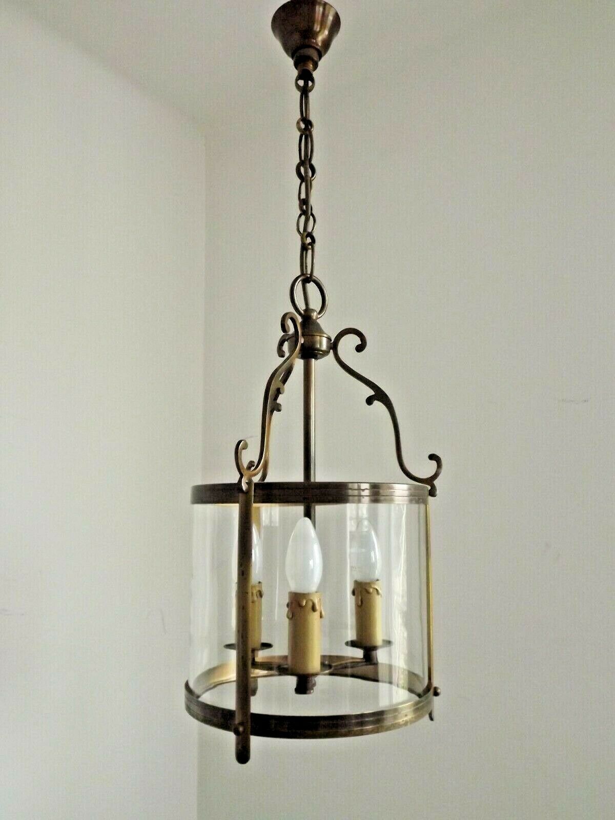 Large Vintage French Brass Cylindrical Glass 3 Light Hanging Hall Lantern