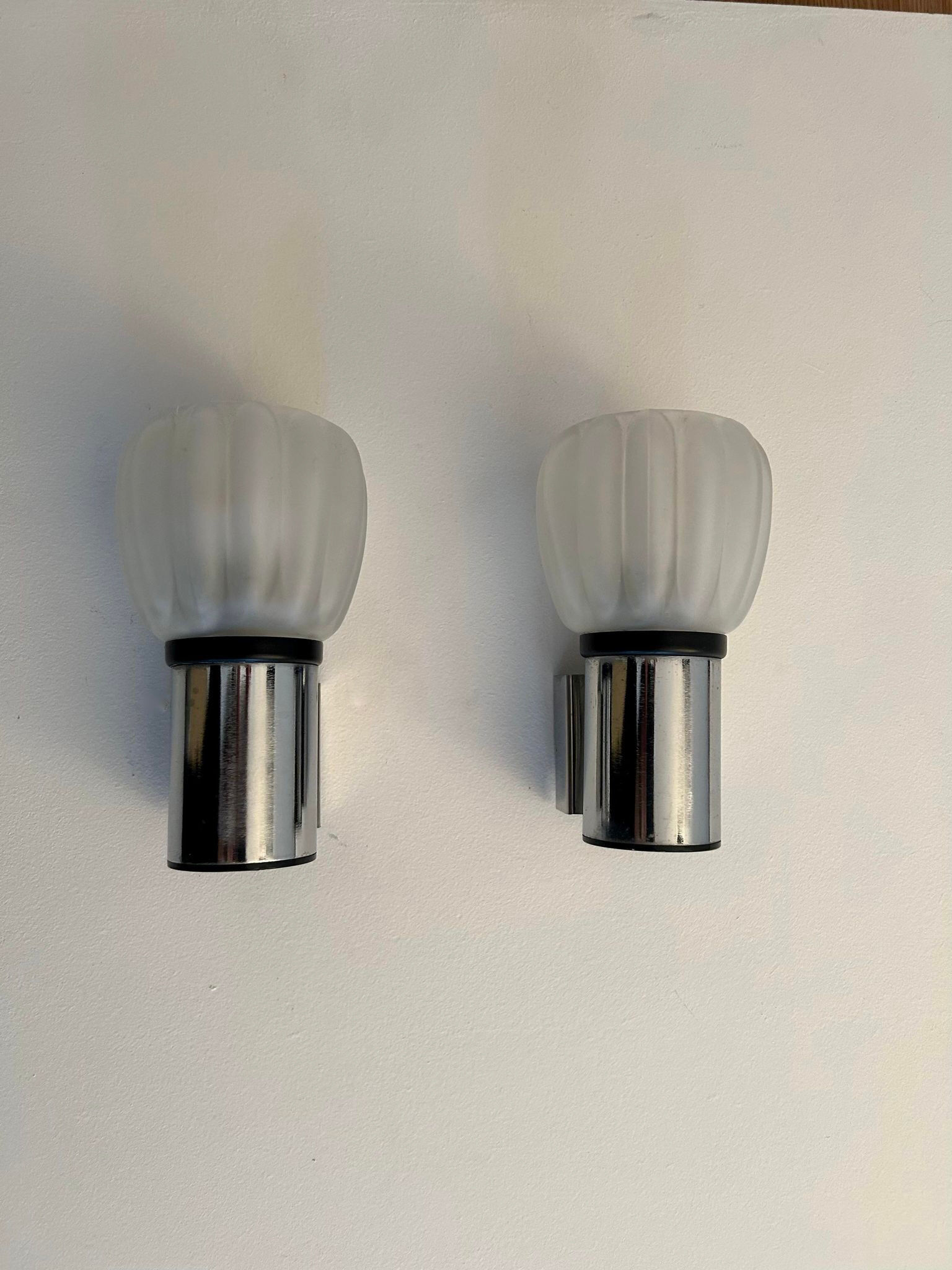 Pair of vintage wall lamps, sandblasted glass and chromed metal, France 1970