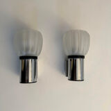 Pair of vintage wall lamps, sandblasted glass and chromed metal, France 1970